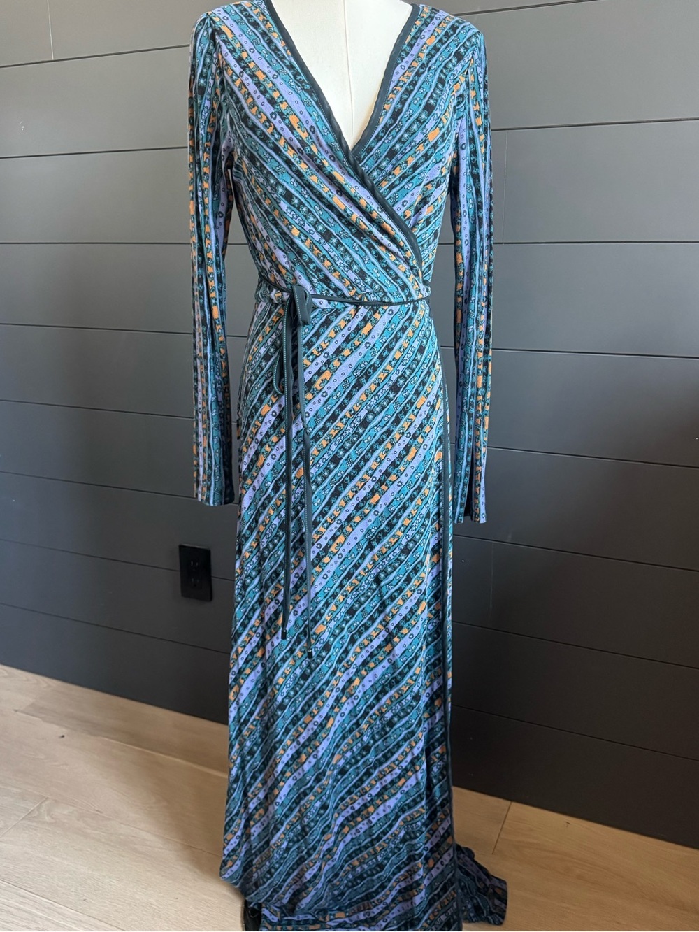 Free People Teal Blue Striped Long Sleeve Wrap Maxi Dress Boho Festival